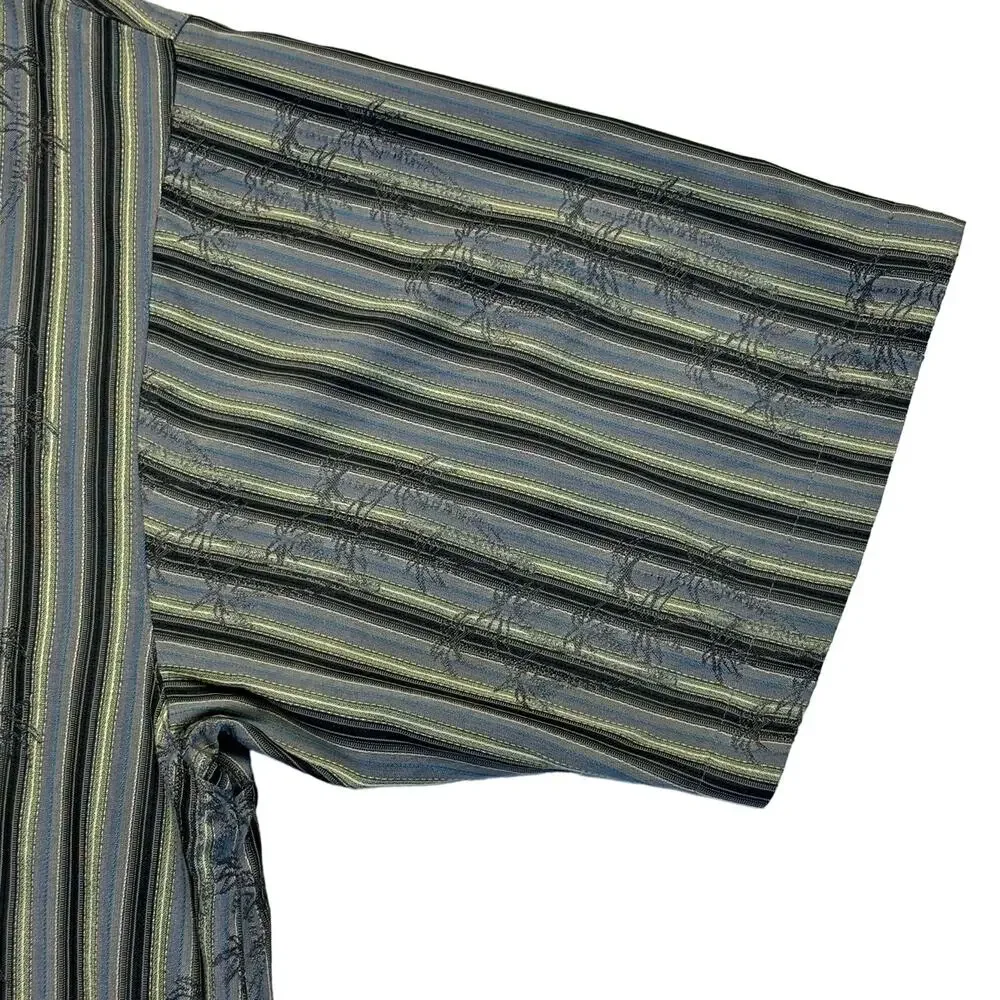 Joseph & Feiss Palm Tree Silk Button-Up Short Sleeve Men L Blue Black Striped